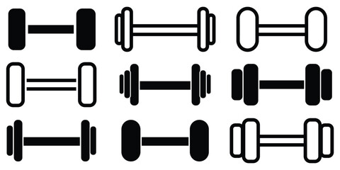 Dumbbell icons set in outlined and filled flat style. Gym heavy strength training dumbbell line pictograms. Weight lifting dumbbell signs eps 10