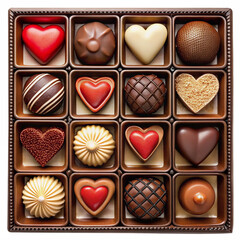 Overhead view of a luxurious box filled with various heart shaped and round chocolates
