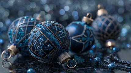 Elegant Blue Christmas Baubles with Glittering Details and Soft Bokeh Background