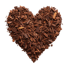 Heart shape made of dark wood chips representing love on transparent background
