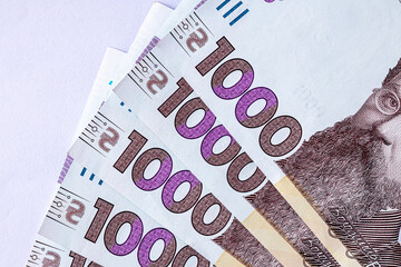 Ukrainian money, texture from Ukrainian banknotes in the denomination of one thousand hryvnias, the banknote depicts Vernadsky.Banknote of 1000 hryvnias of Ukraine, fragment of elements for design.