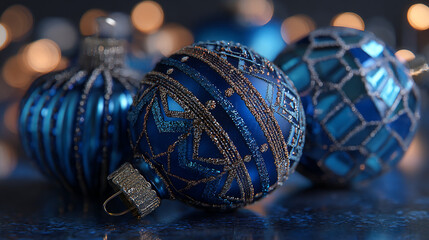 Blue Christmas Ornaments with Golden Glitter and Festive Bokeh Lights