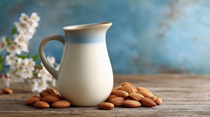 Almond milk jug surrounded by almonds on rustic wooden table, with delicate white flowers and soft blue background, creating a serene and inviting atmosphere for culinary inspiration