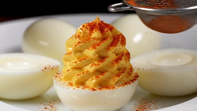 Delicious Deviled Eggs Being Prepared with Creamy Filling and Paprika Topping.