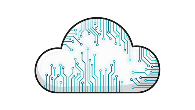 Cloud computing technology icon. Flat vector illustration of digital cloud with circuit board pattern symbol isolated on white background."