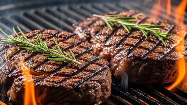 Grilling steak with fresh herbs on a barbecue in the backyard during the evening