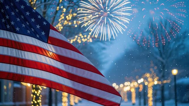New Year celebration in the United States with an American flag waving at night, festive fireworks, winter city lights and snowfall