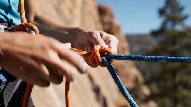 Hands tying climbing rope knot