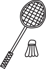 Simple hand drawn black and white badminton racket and shuttlecock birdy illustration isolated on a plain white background