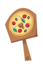 Baked pizza resting on paddle
