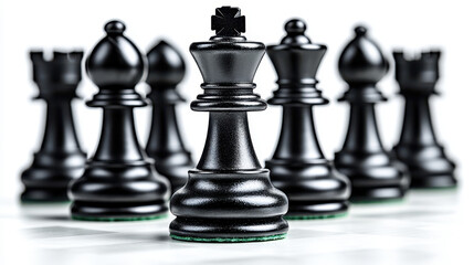 Black Chess Pieces on a Game Board with Focused King and Rook