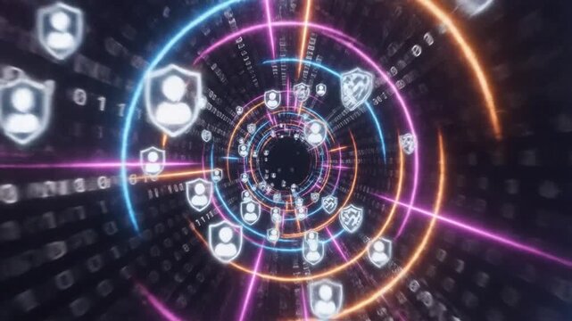 Futuristic digital tunnel with neon lights and binary code streaming