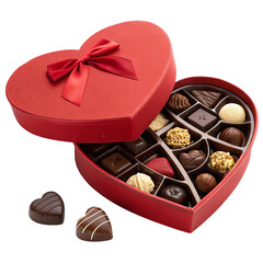 Heart shaped red chocolate box with assorted chocolates and ribbon perfect gift