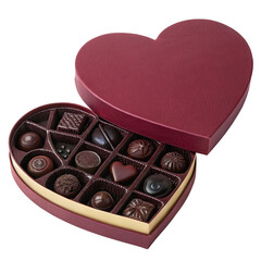 Burgundy heart shaped box of chocolates filled with delicious assorted pralines