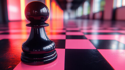 Black pawn chess piece on a pink and black checkered chessboard