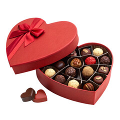 Heart-shaped red chocolate box with ribbon bow and two loose chocolates on transparent background