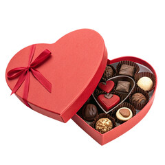 Red heart shaped box filled with assorted chocolates and red ribbon