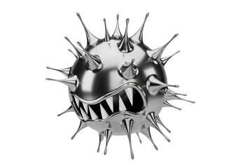 A menacing metallic virus with sharp spikes and a ferocious open mouth filled with sharp teeth, depicted as a cartoonish monster against a stark Transparent background