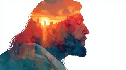 Watercolor illustration of Jesus silhouette in muted earth tones, conveying serenity, faith, and spiritual presence