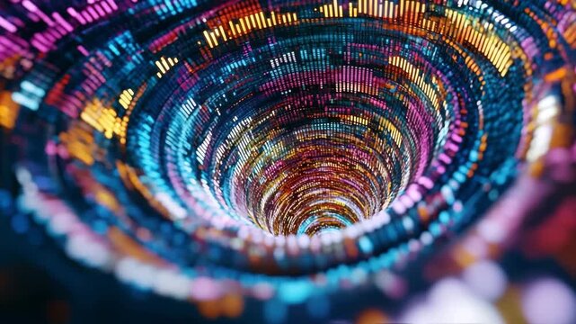Digital Vortex: A mesmerizing display of digital data flowing within a simulated vortex, with a dynamic play of colors, shapes, and light.