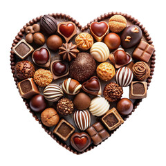 Heart shaped chocolates assortment in heart shaped box on transparent background
