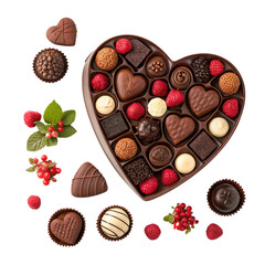 Heart shaped chocolates collection in heart shaped tin on transparent background
