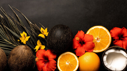 Coconut and tropical fruits arrangement symbolizing wellness, natural beauty, and healthy lifestyle in bright fresh spa-inspired setting