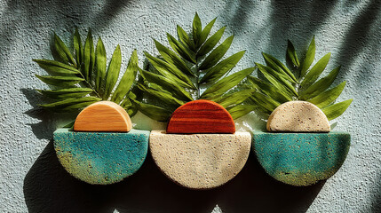 Artistic arrangement of leaves and geometric concrete planters in natural light.
