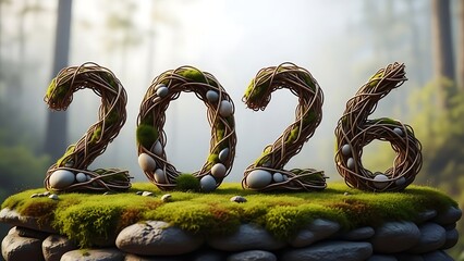 2026 made of natural moss and branches on stone