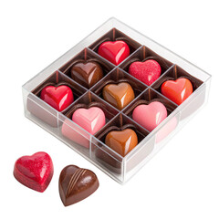 Heart shaped chocolates in transparent box with two loose pieces on checkered background