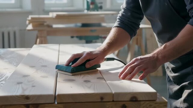 A skilled craftsman sanding wooden planks in a well-lit workshop, showcasing detailed wood grain patterns