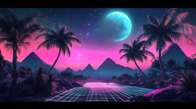 Retro futuristic tropical landscape with vibrant pink and blue hues, palm trees, mountains, and a large moon.