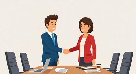 Business professionals shaking hands in a modern office meeting room.