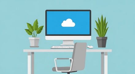 Modern Office Workspace with Cloud Computing Display on Desktop Monitor.
