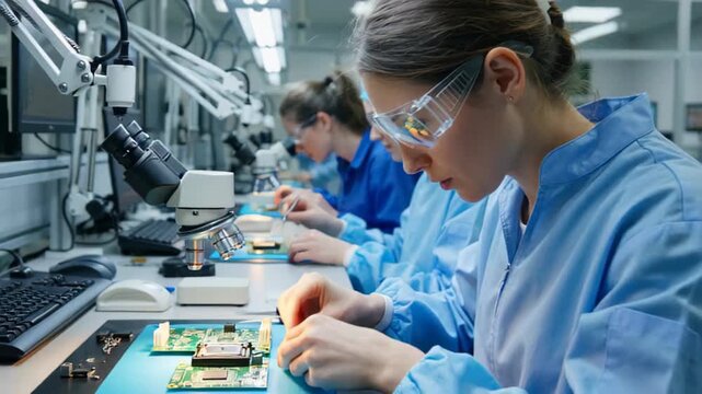 A focused technician assembling electronic components in a laboratory setting, wearing safety goggles and a blue lab coat