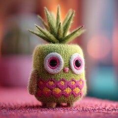 Small Knitted Owl Character with Big Eyes and Floral Embroidery cute Photo