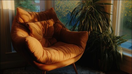 Relaxing cozy chair by window with soft natural light, indoor plants and warm minimal interior creating peaceful home atmosphere