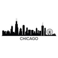 Fototapeta premium Chicago skyline silhouette with the ferris wheel and city name displayed