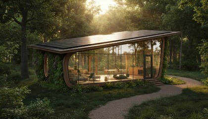 Modern glass cabin nestled in lush forest bathed in warm sunlight