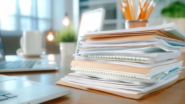 Workload Intensity: A well-organized office setup with an abundance of documents symbolizes professional productivity and meticulous administration