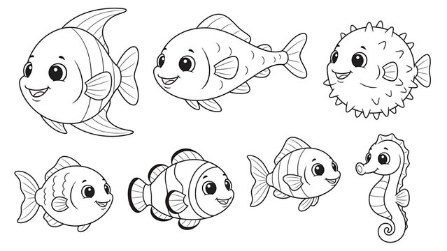 A diverse group of marine animals including fish and seahorses swimming together in the ocean