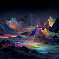 Surreal psychedelic mountain landscape with vibrant rainbow colors at night image Photo