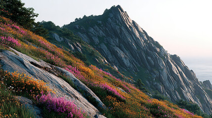 Mountain slope covered with colorful wildflowers and rocky formations.