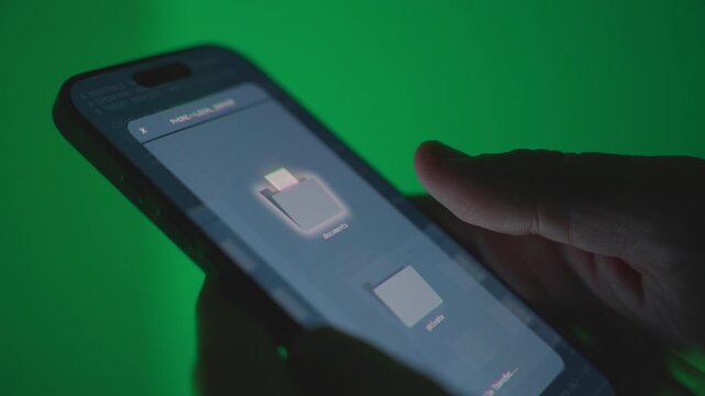 Hand holding smartphone downloading copying or stealing sensitive documents. Hacker spy or cyber thief remote access of government system server database transfer files and information to mobile phone