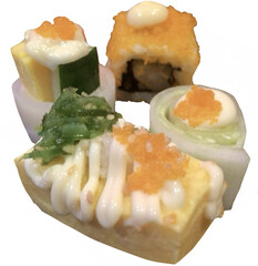 cheese Sushi rolls with shrimp roe, egg, cheese isolated on white background, Thai Style sushi,  cheese sushi rolls, Tamagoyaki