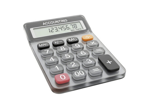 Close up of a modern gray accounting calculator with a digital display showing 12345678 and various buttons for calculation and memory functions isolated on a Transparent background