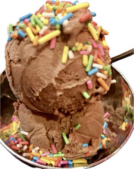 chocolate ice cream,  ice cream scopes isolate on white background die cut