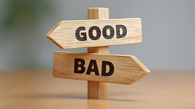 Wooden signpost with arrows pointing to "Good" and "Bad," symbolizing choices and decisions, set against a blurred background, conveying direction and guidance in life
