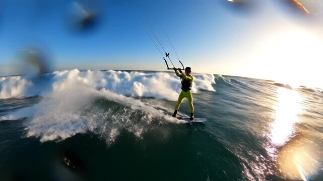 Person kite surfing on ocean wave