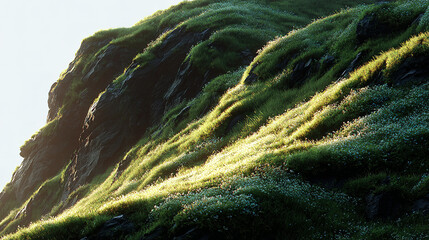 Sloped grassy hillside covered with small white flowers and sunlight highlighting vegetation.